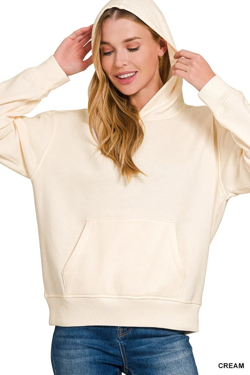 Gray Zenana fleece kangaroo pocket hoodie with hood and long sleeves, casual and cozy for comfortable everyday wear.