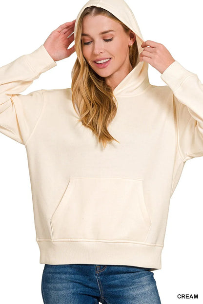 Gray Zenana fleece kangaroo pocket hoodie with hood and long sleeves, casual and cozy for comfortable everyday wear.