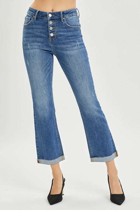 Risen full-size button fly cropped bootcut jeans in denim, featuring classic five-pocket design and a relaxed fit.