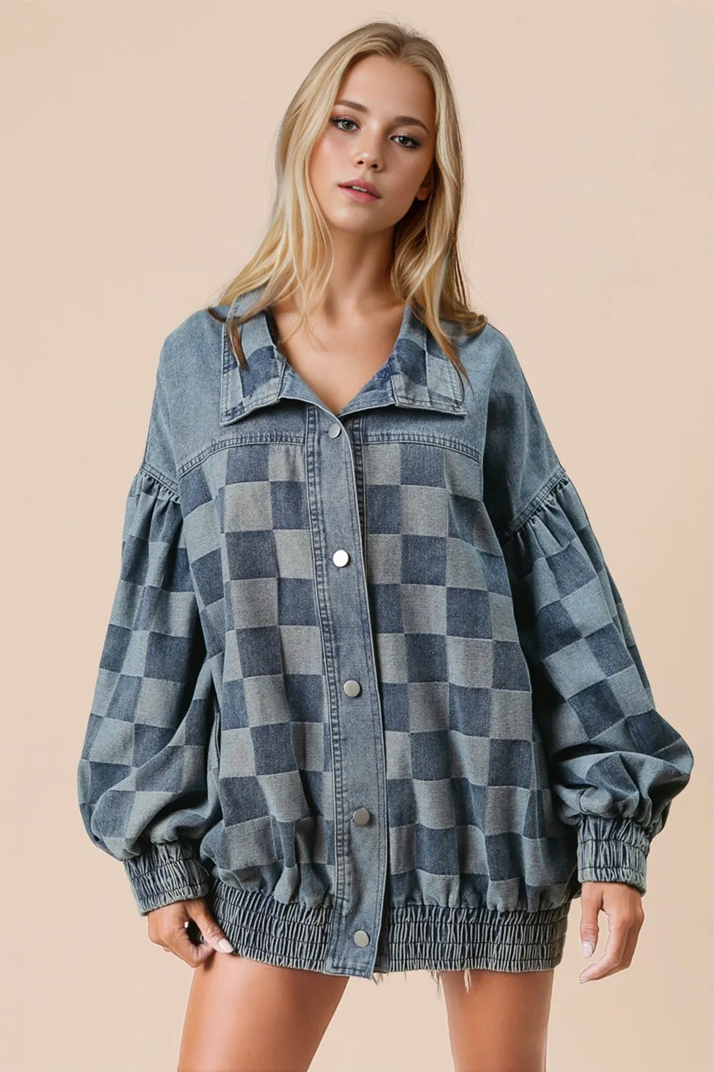 Checkered denim jacket from Trendsi with button-up front and classic collar, featuring a stylish double take pattern.