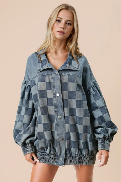 Checkered denim jacket from Trendsi with button-up front and classic collar, featuring a stylish double take pattern.