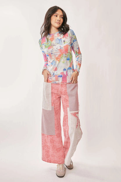 Davi & Dani multi-printed mesh long sleeve round neck top with colorful patterns and lightweight fabric.