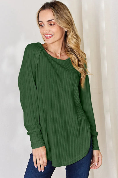 Basic Bae full-size ribbed round neck slit T-shirt by Trendsi, featuring a ribbed texture and a stylish slit detail at the hem.