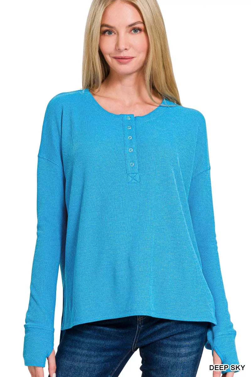 Zenana waffle thumb hole cuffs henley tee in soft fabric, featuring a relaxed fit and stylish design.