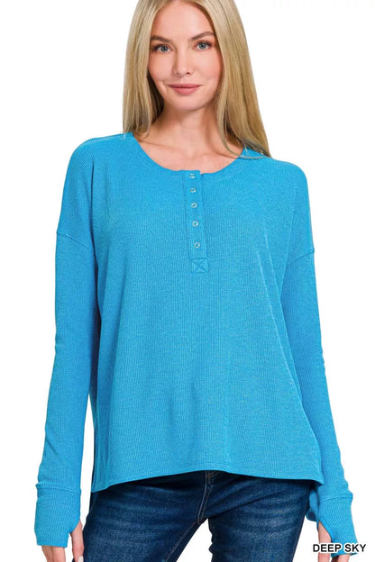 Zenana waffle thumb hole cuffs henley tee in soft fabric, featuring a relaxed fit and stylish design.