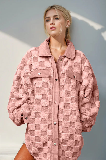 Trendsi Double Take Button Up Fuzzy Checkered Shacket featuring soft, cozy fabric and a stylish checkered pattern.