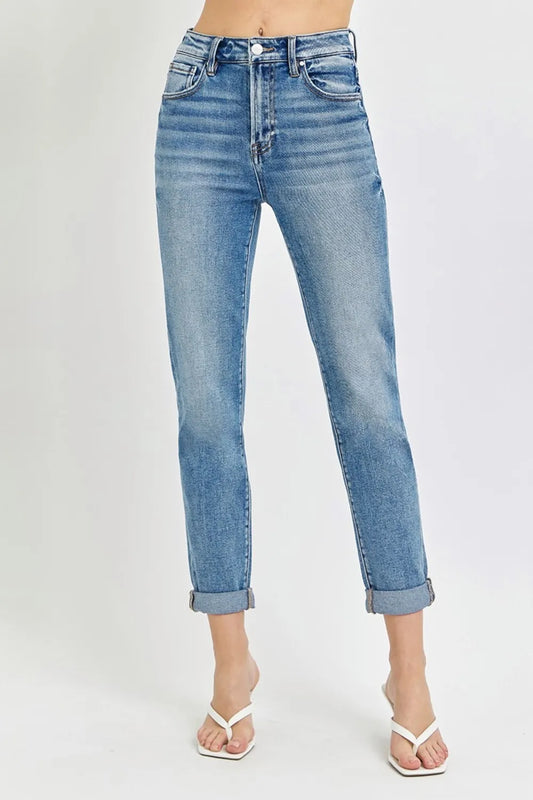 Risen high-rise cropped roll-up jeans by Trendsi, showcasing a full-size pair with a relaxed fit and rolled-up hems.