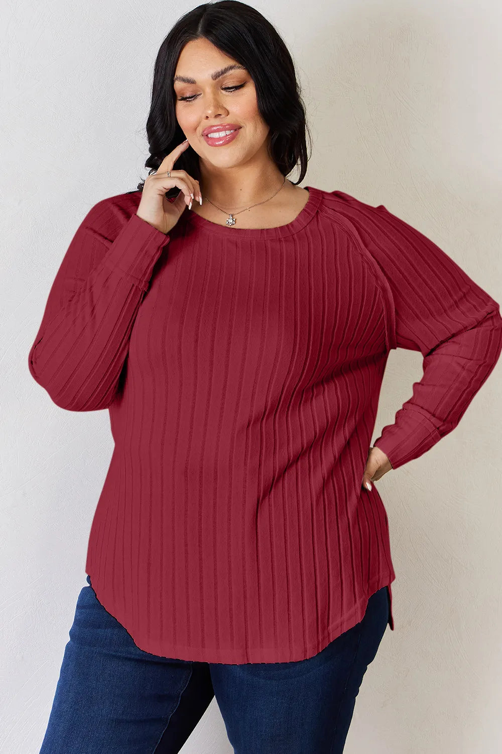 Basic Bae full size ribbed round neck slit T-shirt by Trendsi, shown in beige with ribbed fabric and a relaxed fit.