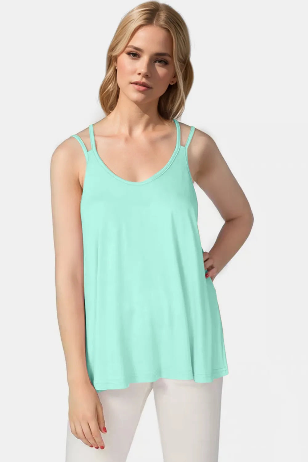 Trendsi Basic Bae bamboo cami featuring scoop neck and double spaghetti straps, soft and lightweight for everyday wear.