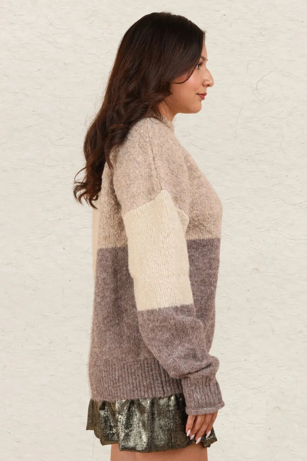 Color block mock neck drop shoulder sweater by Trendsi, featuring a stylish design with contrasting color blocks and a cozy fit.