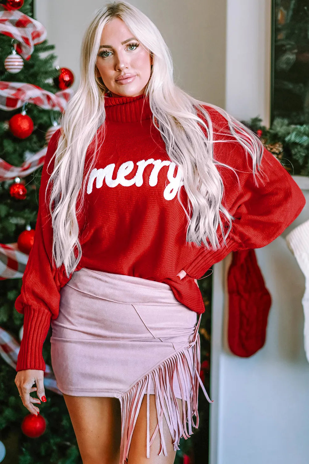 Red Merry Christmas turtleneck sweater with long sleeves, featuring festive holiday design by Trendsi.