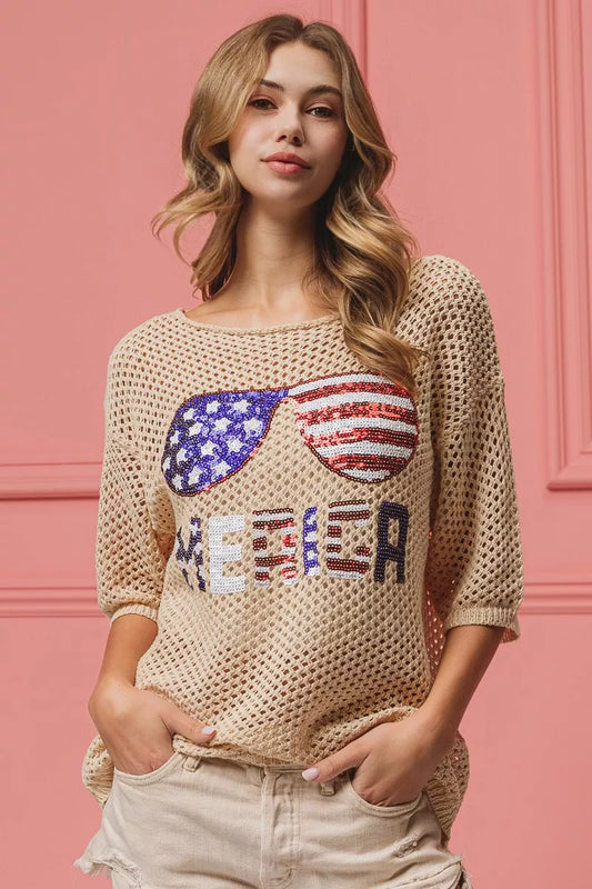 Trendsi BiBi Sequin American Flag sunglasses knit cover-up with star and stripe pattern, lightweight and stylish for summer wear.