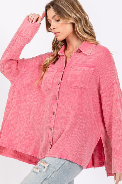 SAGE + FIG Frayed Hem Side Slit Button Down Shirt