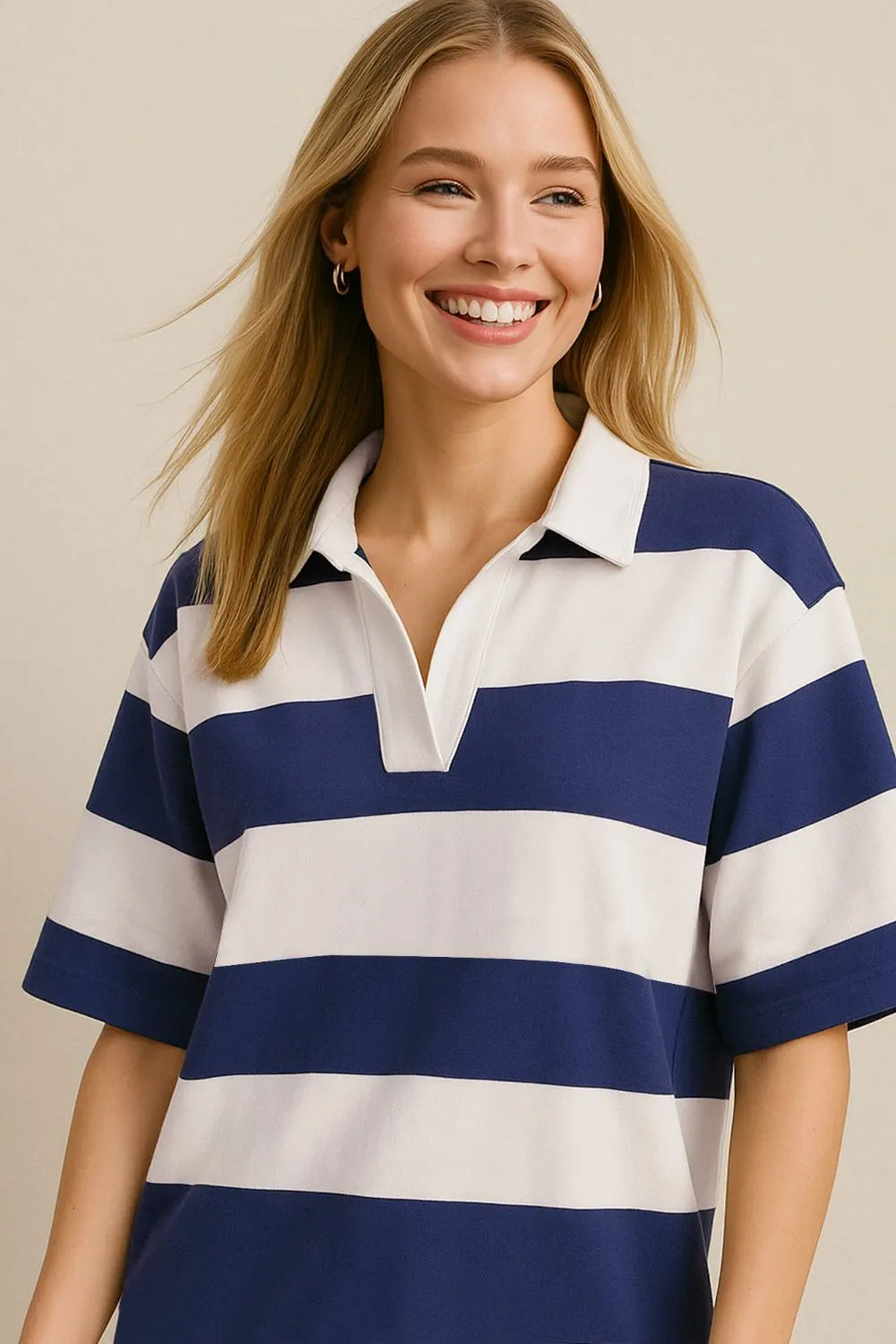Oh Pima Cotton wash color block Johnny collar half sleeve top from Trendsi, featuring a stylish color block design and classic collar.