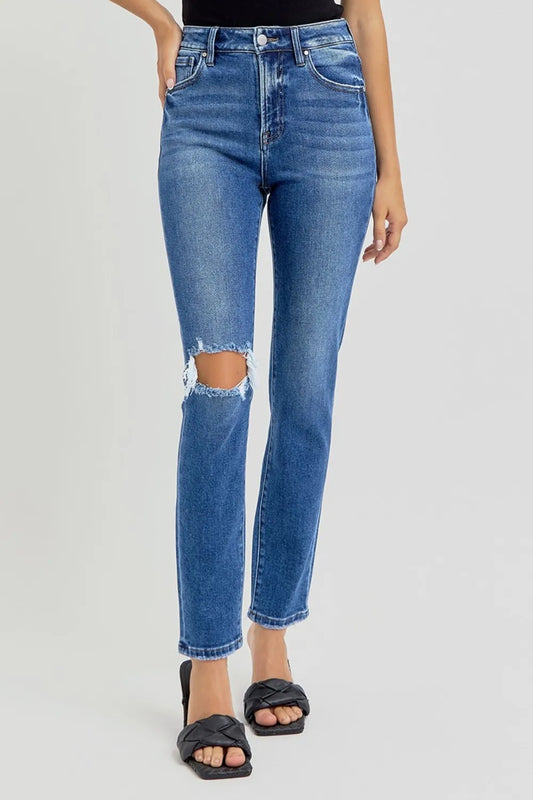 Trendsi RISEN full size high-rise ankle skinny jeans with distressed knees and a high-rise fit, showcasing a trendy denim style.