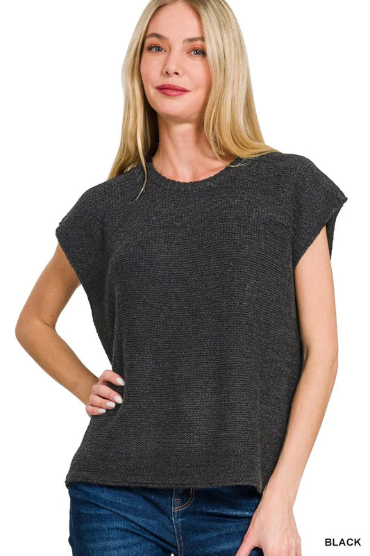 Light beige Zenana oversized crew neck sweater vest with ribbed edges, styled casually on a mannequin.