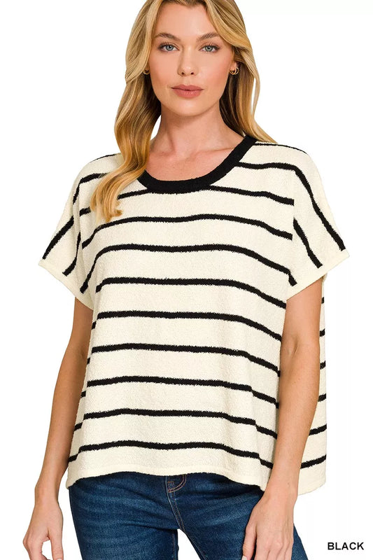 Zenana striped oversize sweater top featuring bold horizontal patterns and a cozy, relaxed fit for casual wear.