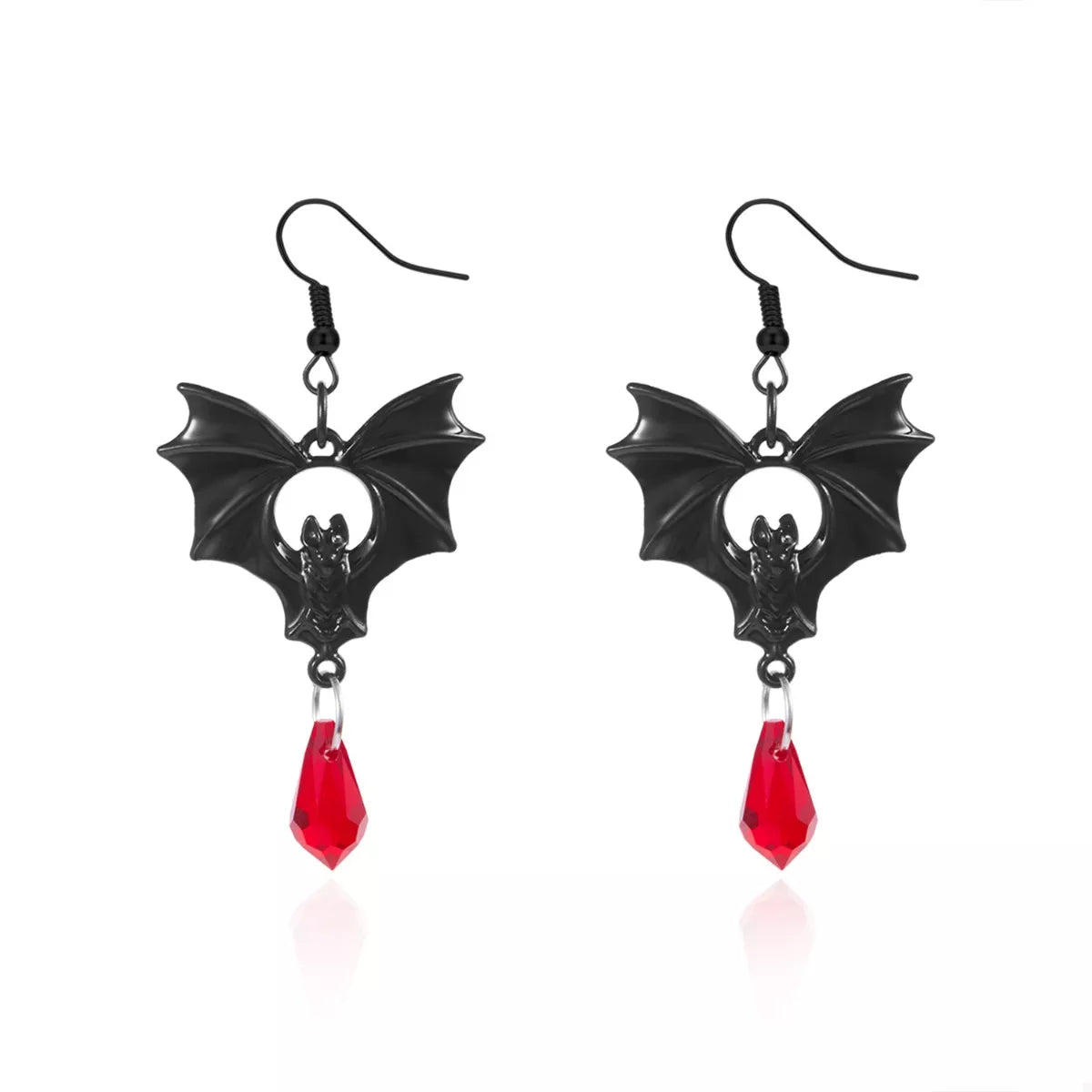 Gothic bat drop earrings with dark metal finish and intricate bat wing design, hanging from hooks for a bold, edgy look.