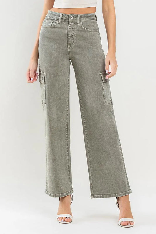 Vervet by Flying Monkey 90's super high-rise cargo jeans in dark wash with multiple pockets and relaxed fit.
