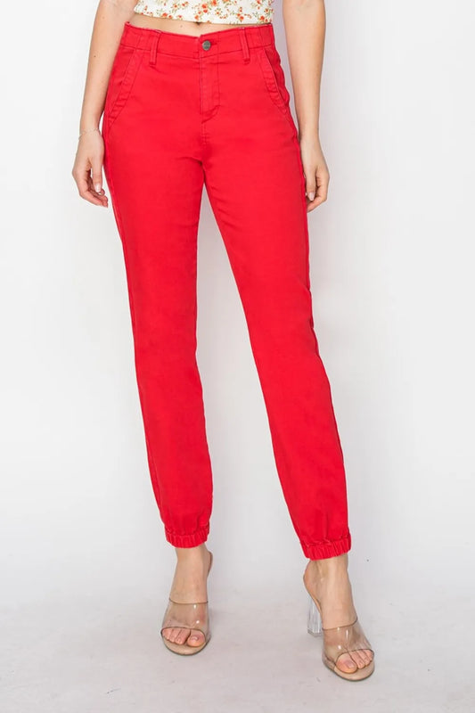 Risen high waisted jogger jeans in full size, featuring a relaxed fit, athletic style, and casual denim fabric.