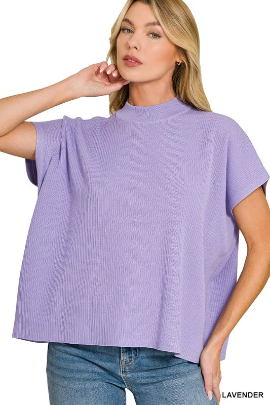 Zenana Trendsi viscose mock neck short sleeve boxy sweater, shown in a stylish, relaxed fit with a smooth fabric texture.