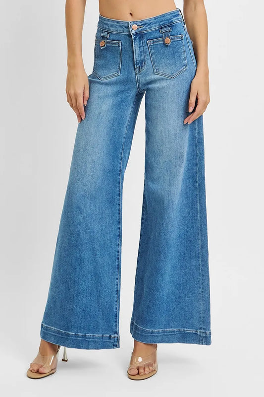 Plus size RISEN full size mid-rise wide front patch pocket jeans by Trendsi, showing the classic denim style and wide leg design.
