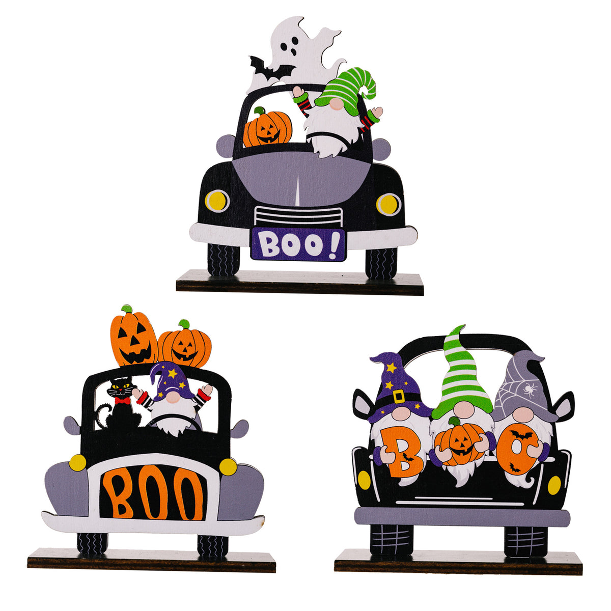 Set of three Halloween-themed car-shape ornaments featuring spooky designs, perfect for seasonal vehicle decoration.