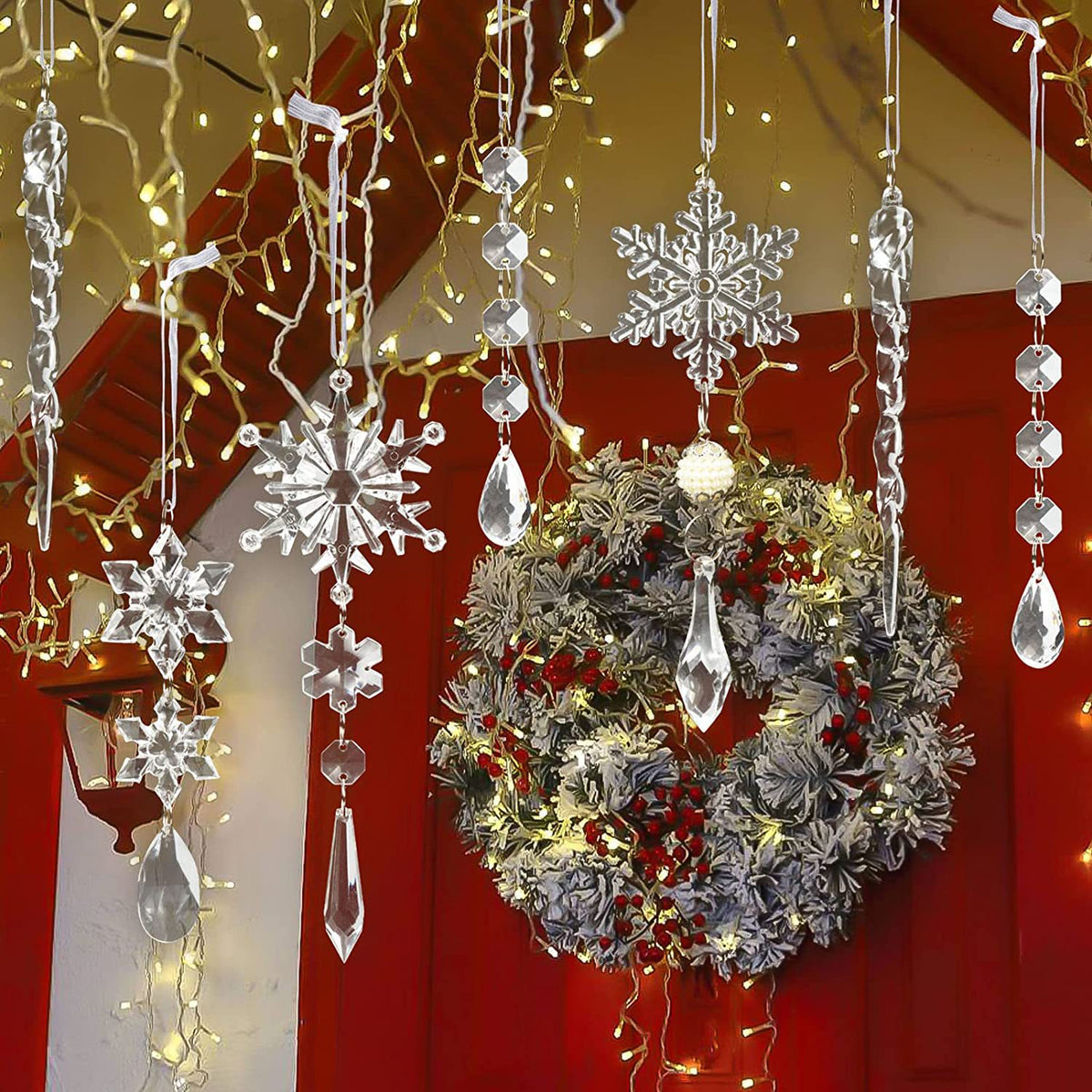 Set of 10 clear acrylic icicle ornaments with a shiny finish, perfect for holiday decorations and festive displays.