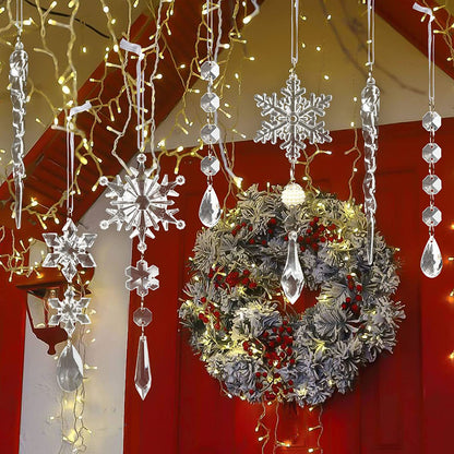 Set of 10 clear acrylic icicle ornaments with a shiny finish, perfect for holiday decorations and festive displays.
