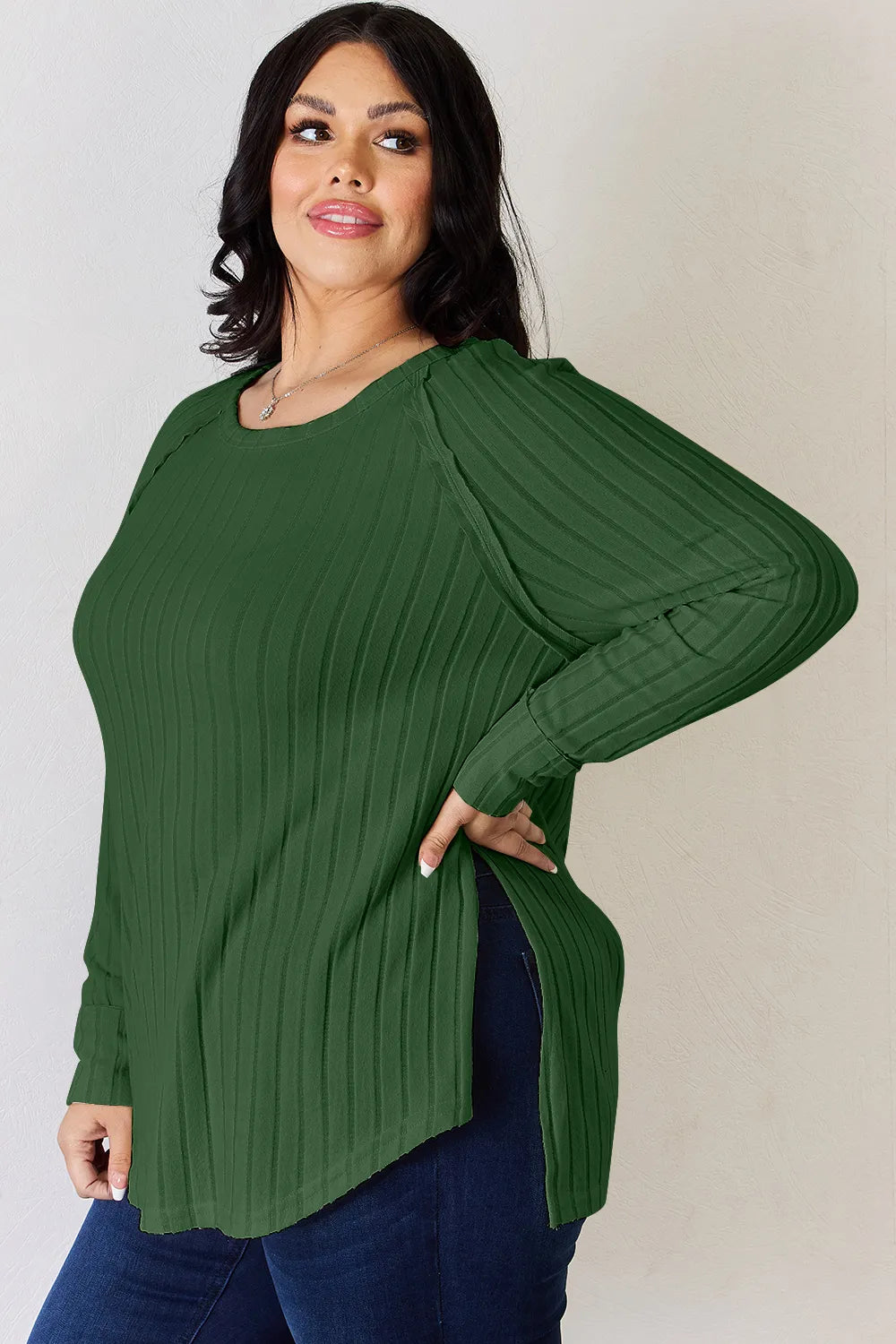 Trendsi Basic Bae ribbed round neck slit t-shirt, full size, featuring a classic fit with a ribbed texture and side slit detail.