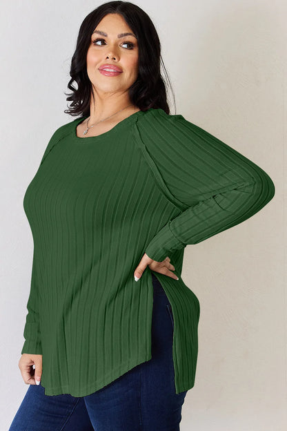 Trendsi Basic Bae ribbed round neck slit t-shirt, full size, featuring a classic fit with a ribbed texture and side slit detail.
