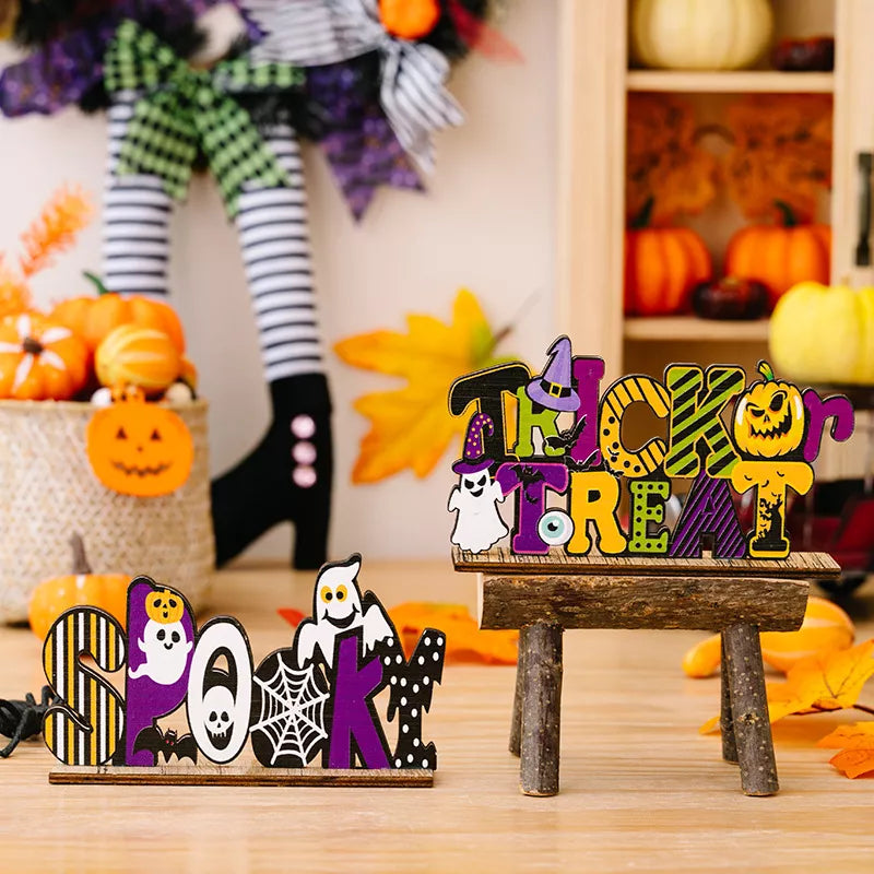Halloween wooden decorative tabletop ornament with spooky design, perfect for seasonal home decor by Trendsi