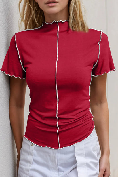 Trendsi Basic Bae mock neck casual top with wave edge, contrast stitching, ruffle short sleeves, slim fit fabric on model.