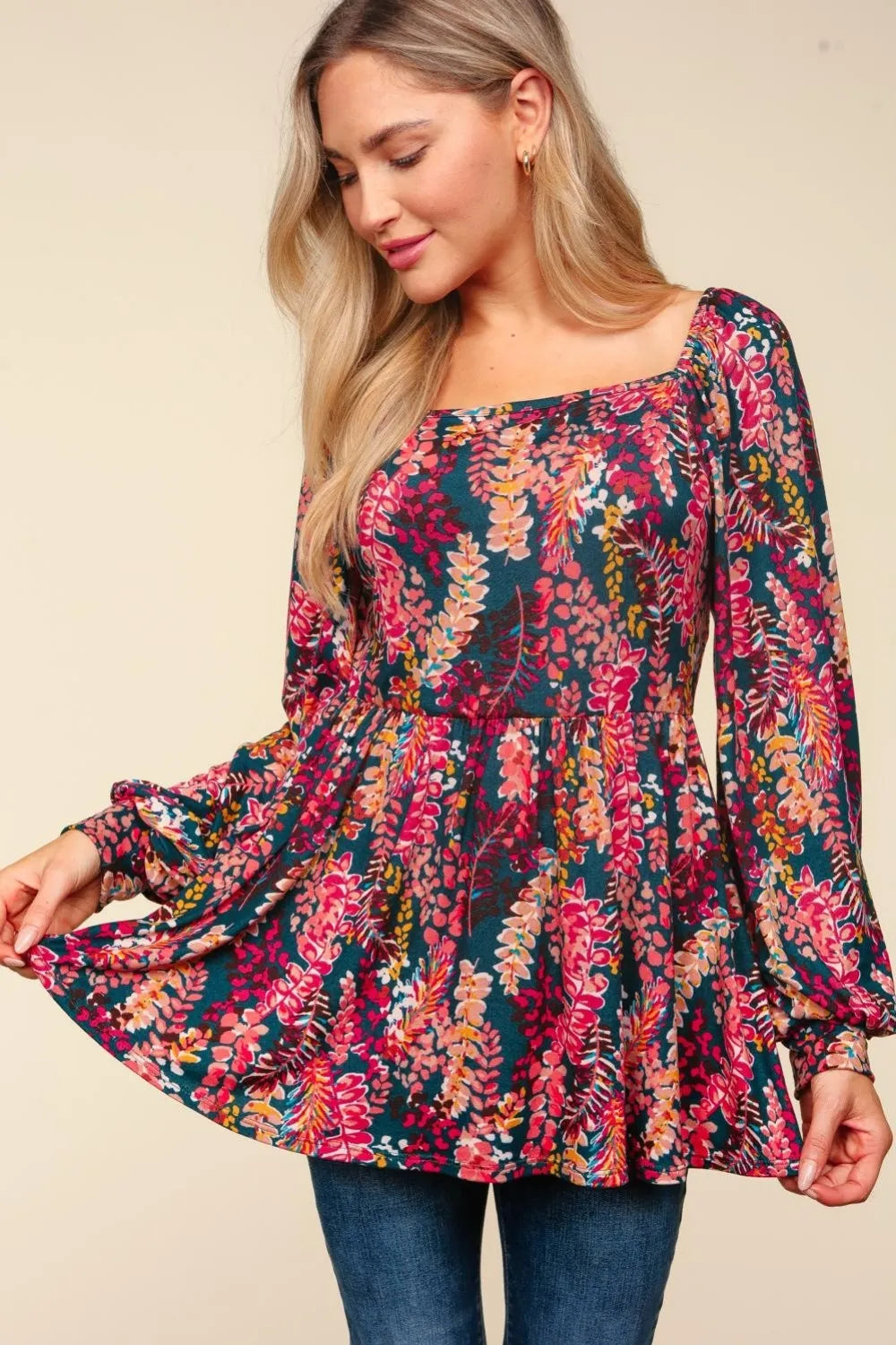 Haptics full-size peplum floral square neck blouse featuring a feminine design with vibrant floral patterns and a structured fit.