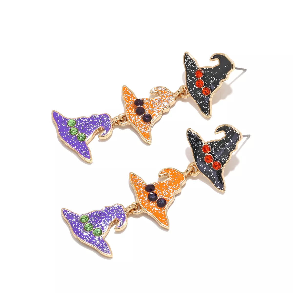 Halloween witch hat drop earrings featuring black pointed hat charms with silver hooks, festive jewelry for spooky occasions