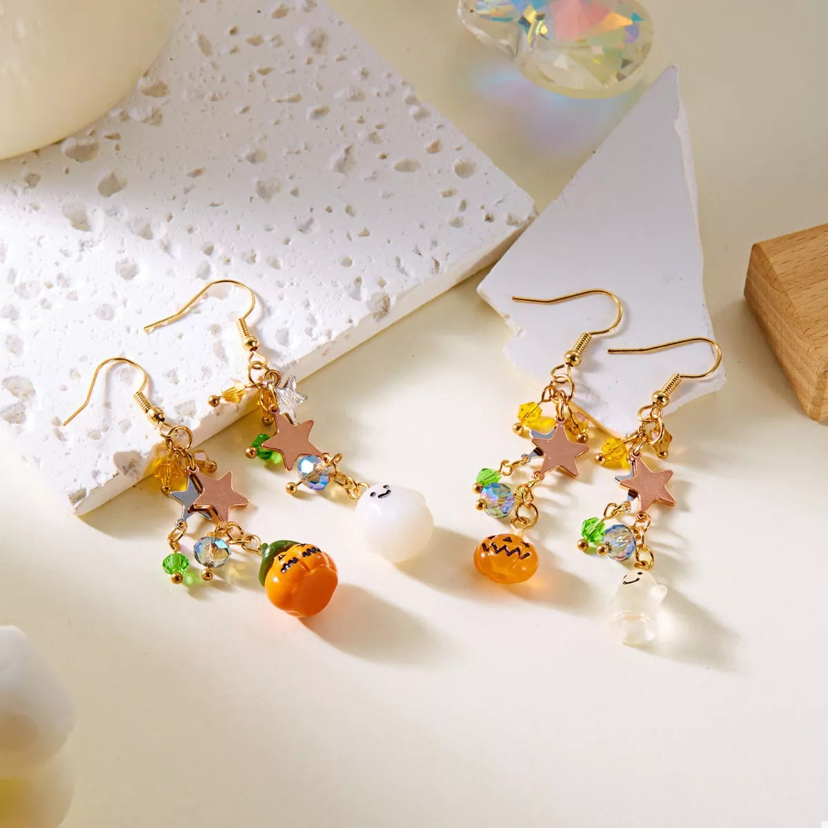 Halloween asymmetrical pumpkin and ghost earrings featuring spooky fall-themed designs by Trendsi