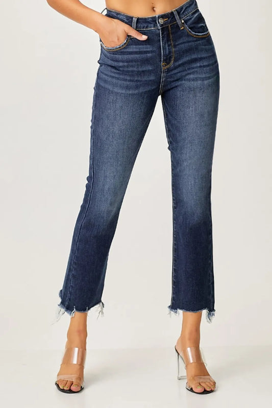 Risen full size frayed hem cropped straight jeans in light denim, featuring a distressed, casual style with a relaxed fit.