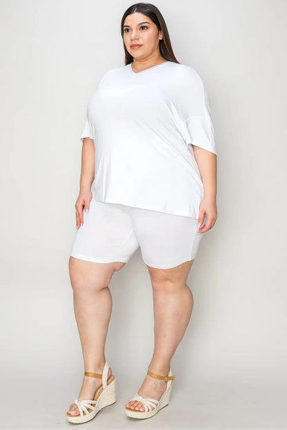 Trendsi Basic Bae bamboo full-size V-neck drop shoulder T-shirt and shorts set, featuring a relaxed fit and casual style.