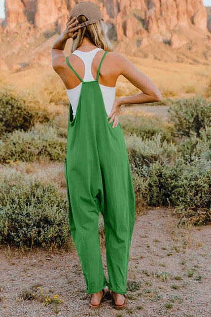 Trendsi Double Take full-size sleeveless V-neck jumpsuit with pockets, showcasing a stylish, comfortable women's one-piece outfit.