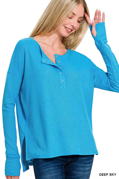 Zenana waffle henley tee with thumb hole cuffs, featuring a henley neckline and casual waffle knit fabric.