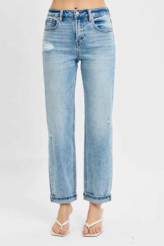 Plus size RISEN high rise ankle boyfriend distressed jeans by Trendsi, showcasing a relaxed fit with distressed detailing and a high waist.