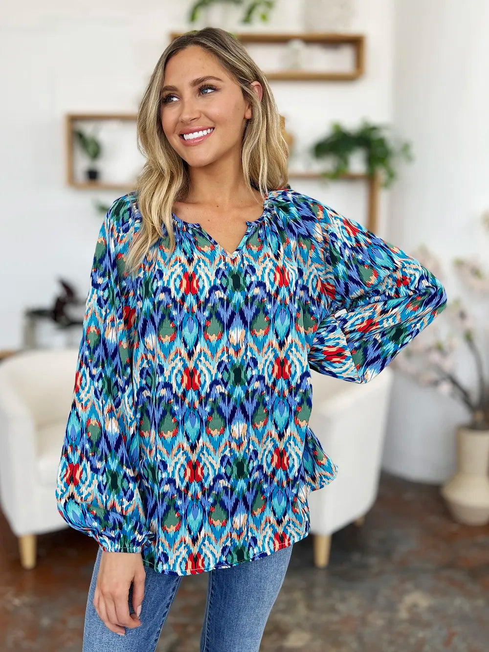 Printed balloon sleeve blouse from Trendsi featuring a double take full size design and stylish balloon sleeves.