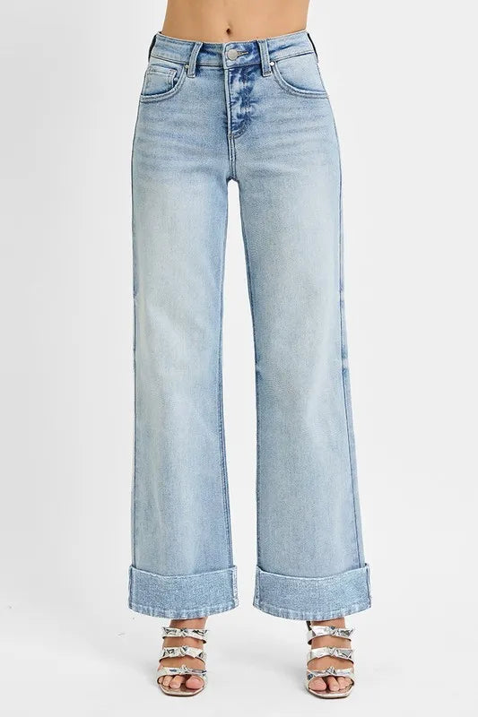 Plus size RISEN high rise ankle wide cuffed jeans with tummy control, designed by Trendsi, showing the stylish wide cuffed hem.