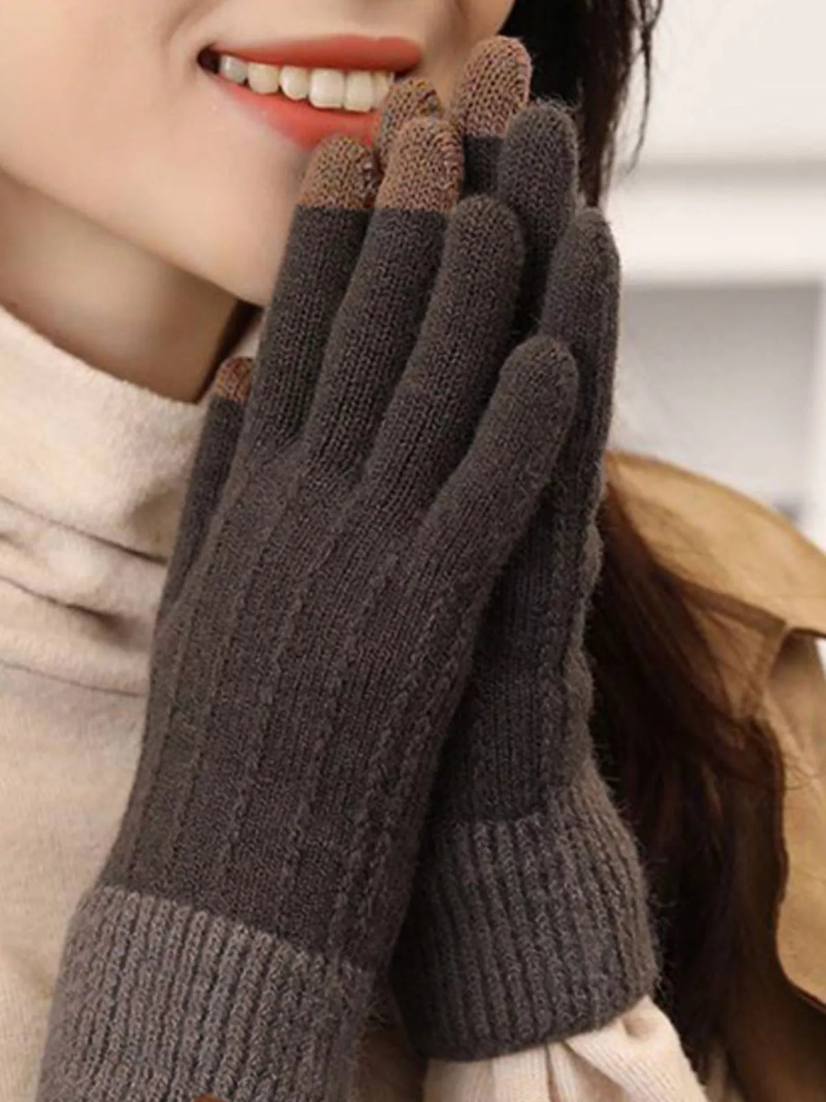 Warm knitted touchscreen gloves by Trendsi featuring soft fabric and ribbed cuffs, designed for cold weather and smartphone use.