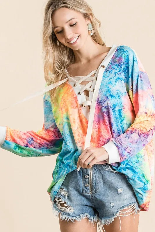 Trendsi BiBi tie-dye deep V-neck top with lace-up front, casual fashion shirt featuring colorful tie-dye pattern and deep neckline