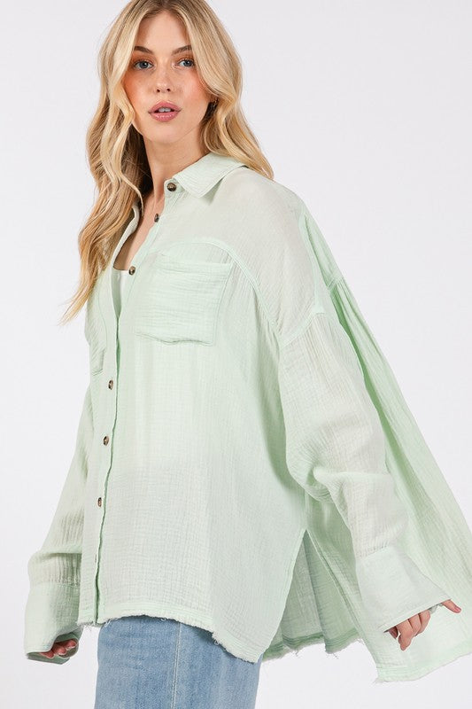 SAGE + FIG Frayed Hem Side Slit Button Down Shirt