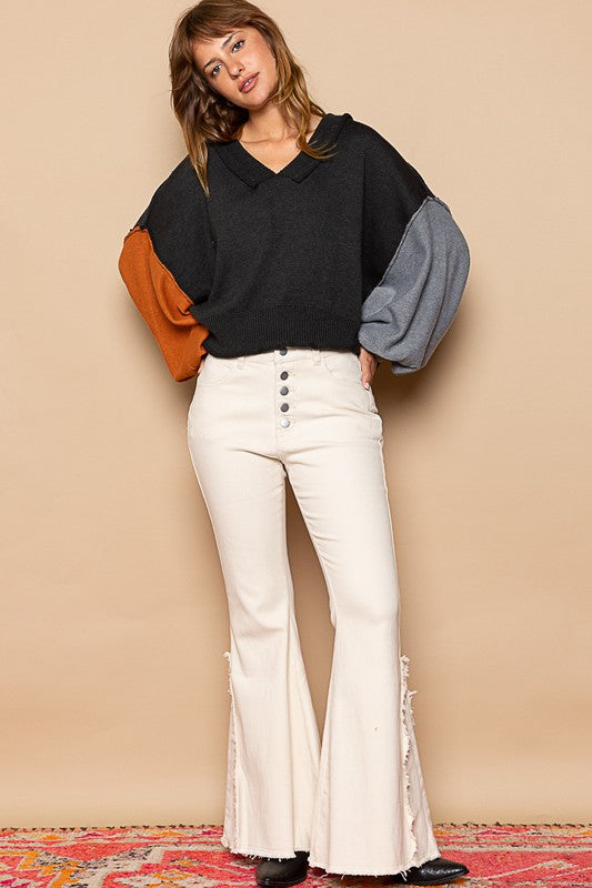 POL Exposed Seam Roll Edge Color Block V Neck Sweater