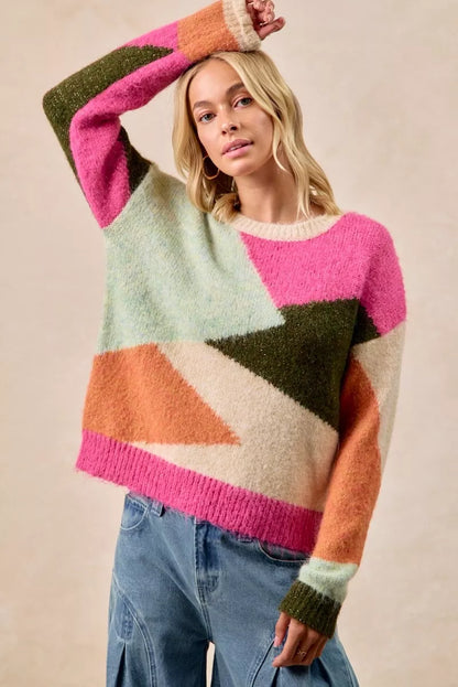 Multicolor block knit sweater top by Trendsi featuring a casual fit and vibrant color blocks for a trendy look.