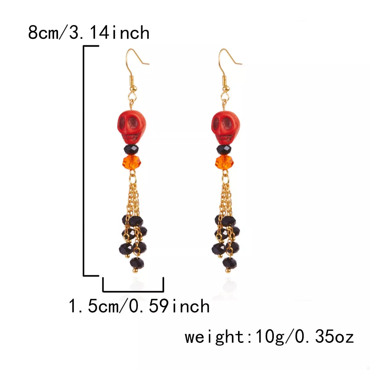Halloween Skull Beaded Drop Earrings featuring black beads and silver skull charms, stylish jewelry for festive occasions.