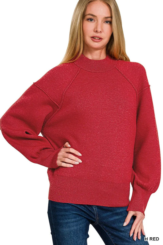 Zenana Viscose Mock Neck Sweater with exposed seam details, stylish and cozy for casual wear.